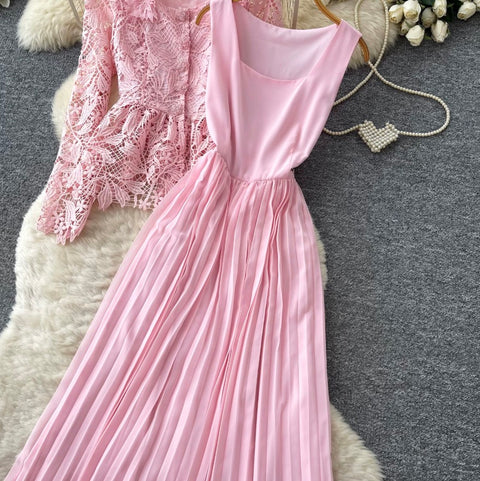 Cardigan & Pleated Vest Dress 2Pcs
