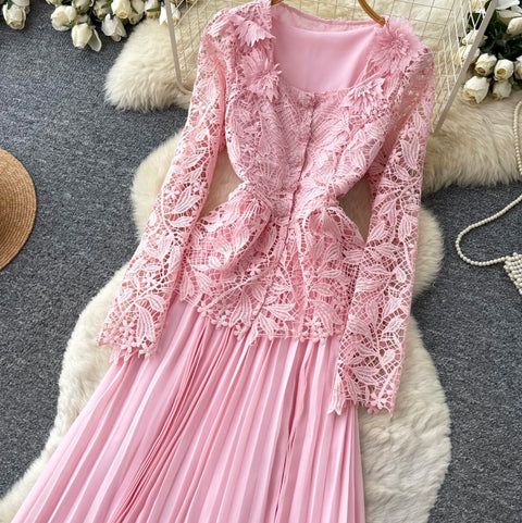 Cardigan & Pleated Vest Dress 2Pcs