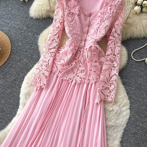 Cardigan & Pleated Vest Dress 2Pcs