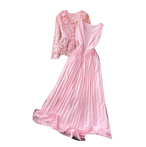 Cardigan & Pleated Vest Dress 2Pcs