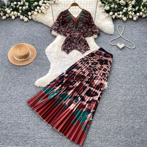 Leopard Print Top & Skirt Pleated 2Pcs