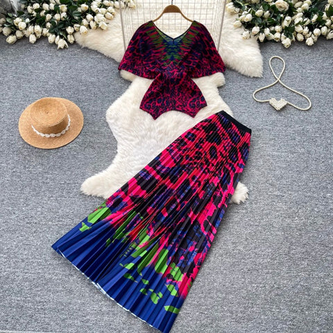 Leopard Print Top & Skirt Pleated 2Pcs
