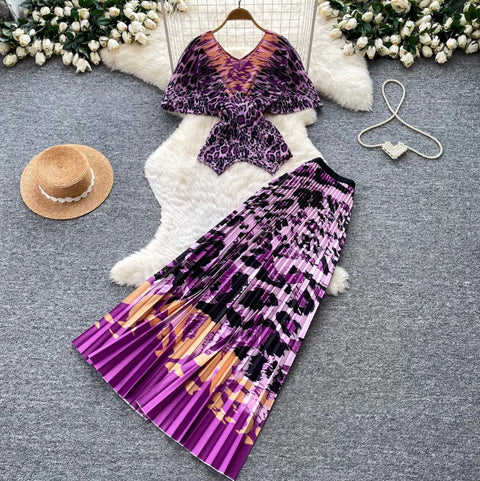Leopard Print Top & Skirt Pleated 2Pcs