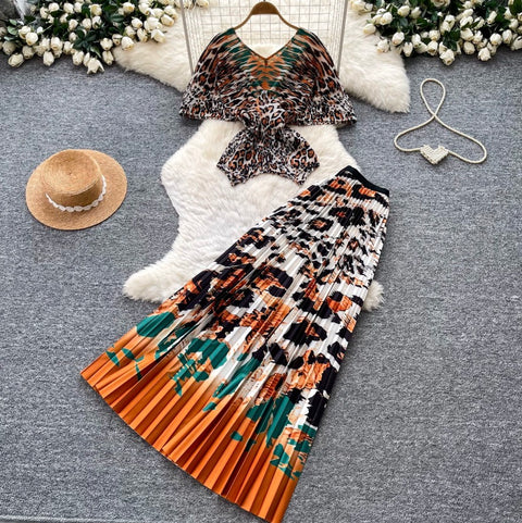 Leopard Print Top & Skirt Pleated 2Pcs