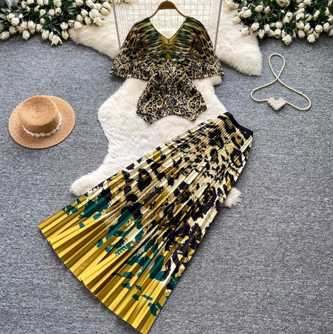 Leopard Print Top & Skirt Pleated 2Pcs