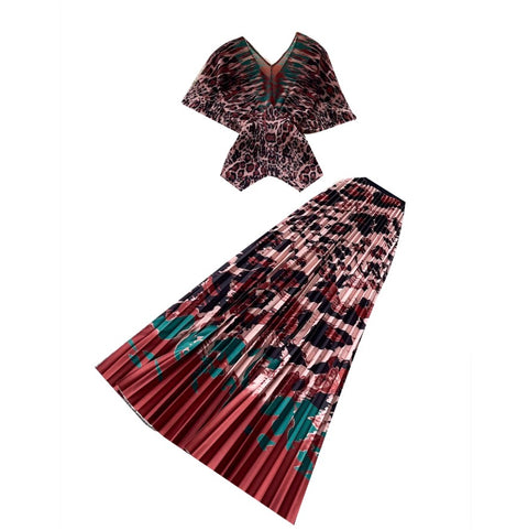 Leopard Print Top & Skirt Pleated 2Pcs
