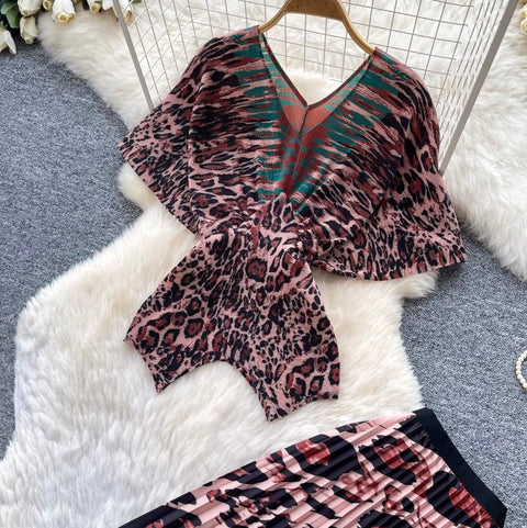 Leopard Print Top & Skirt Pleated 2Pcs
