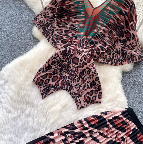 Leopard Print Top & Skirt Pleated 2Pcs