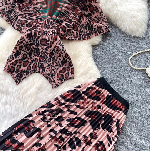Leopard Print Top & Skirt Pleated 2Pcs