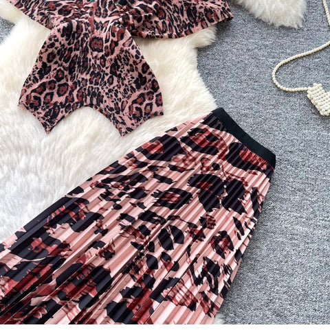 Leopard Print Top & Skirt Pleated 2Pcs
