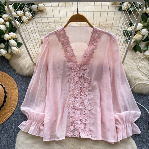V-neck Lace Patchwork Shirt