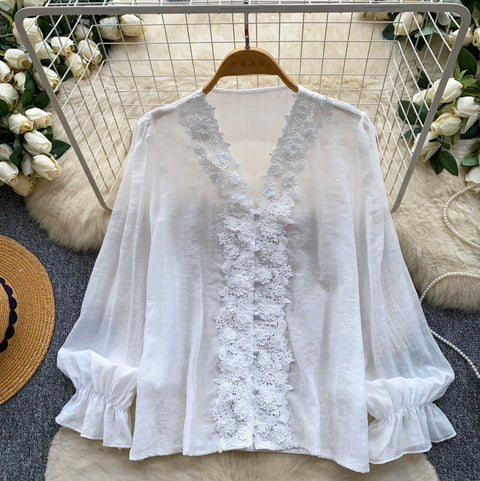 V-neck Lace Patchwork Shirt