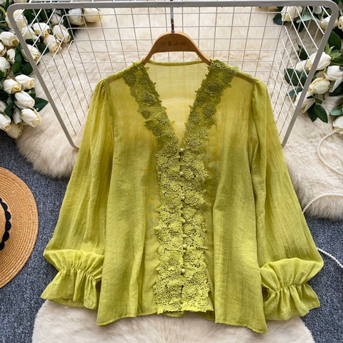 V-neck Lace Patchwork Shirt