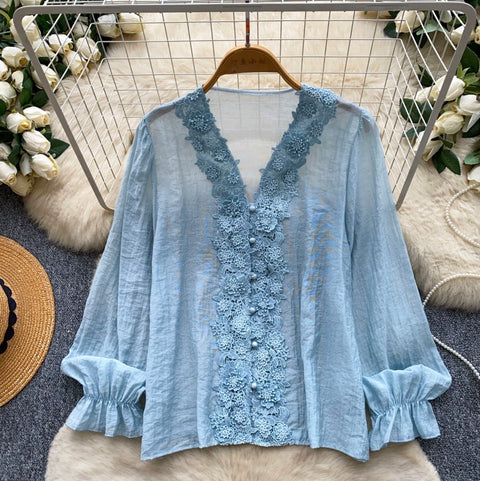 V-neck Lace Patchwork Shirt
