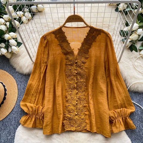V-neck Lace Patchwork Shirt