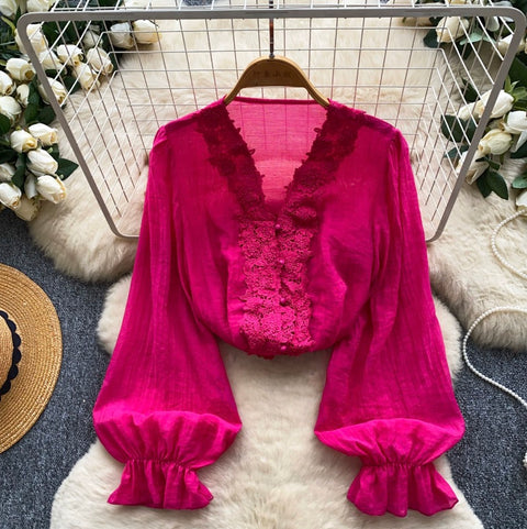 V-neck Lace Patchwork Shirt