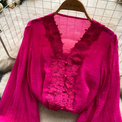 V-neck Lace Patchwork Shirt