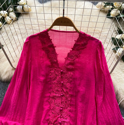 V-neck Lace Patchwork Shirt