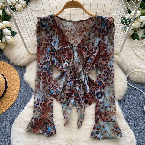 Knotted V-neck Leopard Print Top