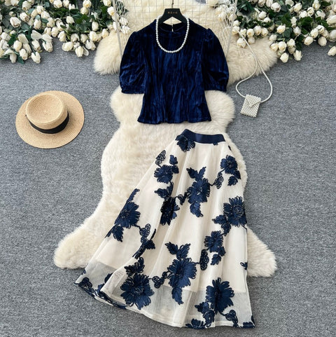French Style Shirt & Floral Skirt 2Pcs
