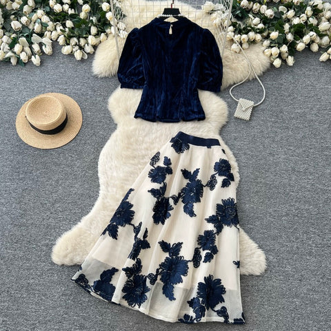 French Style Shirt & Floral Skirt 2Pcs