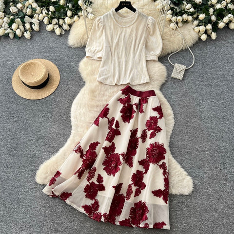 French Style Shirt & Floral Skirt 2Pcs