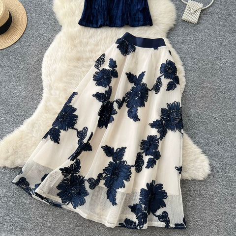 French Style Shirt & Floral Skirt 2Pcs
