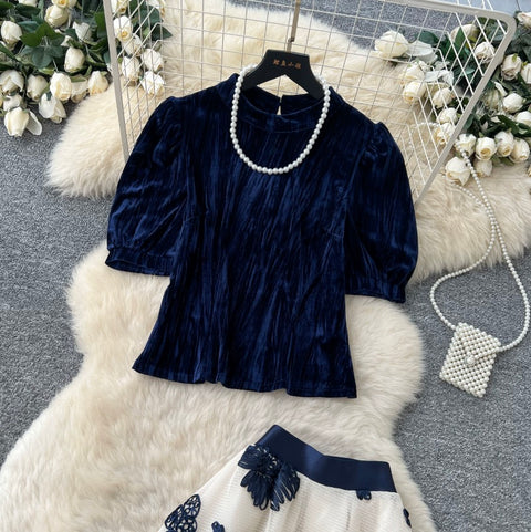 French Style Shirt & Floral Skirt 2Pcs