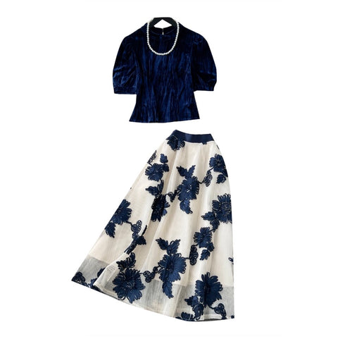 French Style Shirt & Floral Skirt 2Pcs