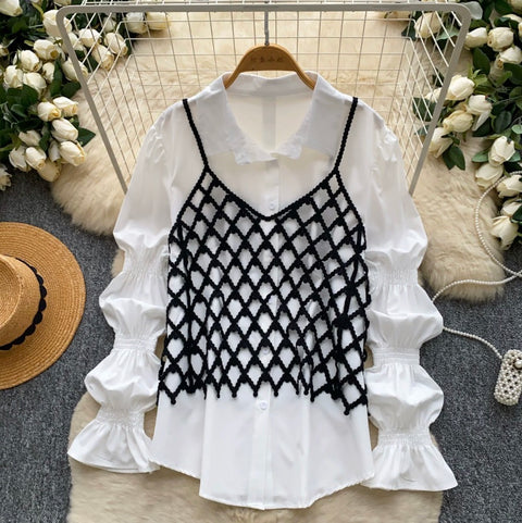 White Shirt & Hollowed Outwear 2Pcs