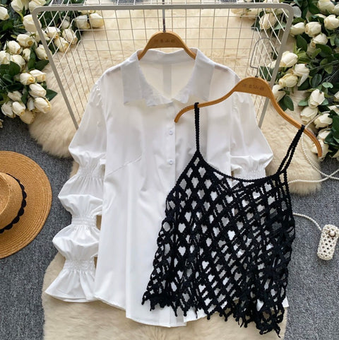 White Shirt & Hollowed Outwear 2Pcs