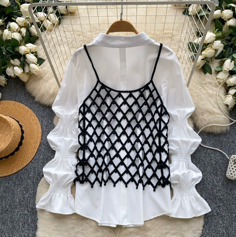 White Shirt & Hollowed Outwear 2Pcs