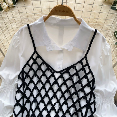 White Shirt & Hollowed Outwear 2Pcs