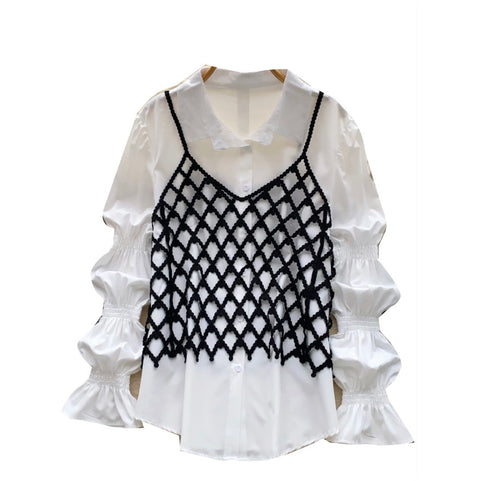 White Shirt & Hollowed Outwear 2Pcs