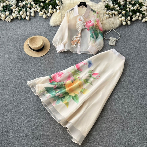 Floral Embroidered Shirt & Skirt 2Pcs