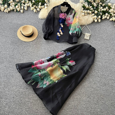 Floral Embroidered Shirt & Skirt 2Pcs