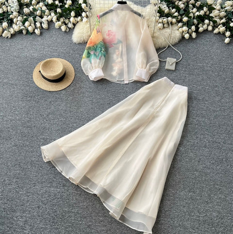 Floral Embroidered Shirt & Skirt 2Pcs