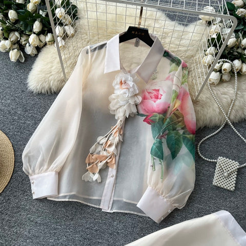 Floral Embroidered Shirt & Skirt 2Pcs