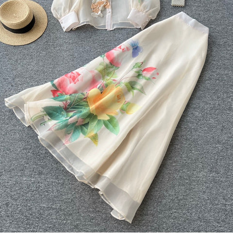 Floral Embroidered Shirt & Skirt 2Pcs