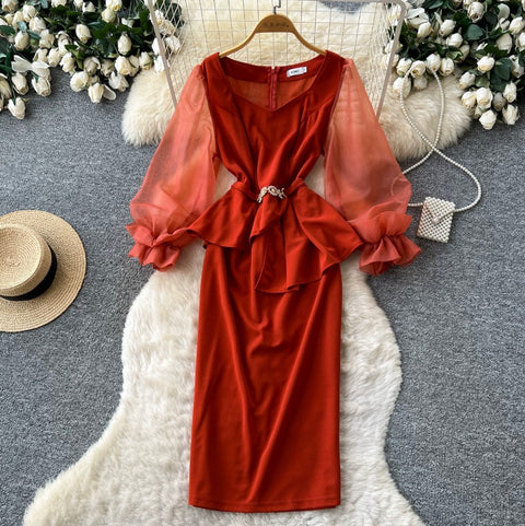 Flared Sleeve Patchwork Red Dress