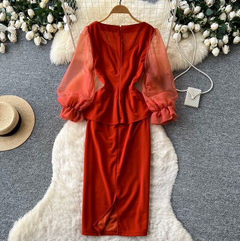 Flared Sleeve Patchwork Red Dress