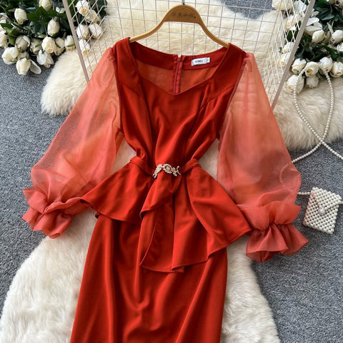Flared Sleeve Patchwork Red Dress