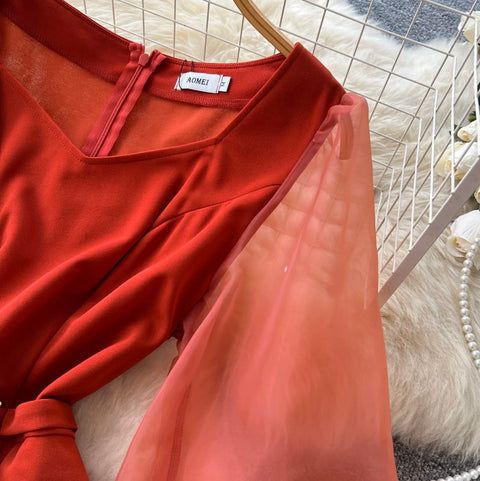 Flared Sleeve Patchwork Red Dress