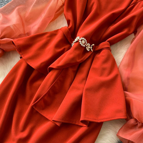 Flared Sleeve Patchwork Red Dress