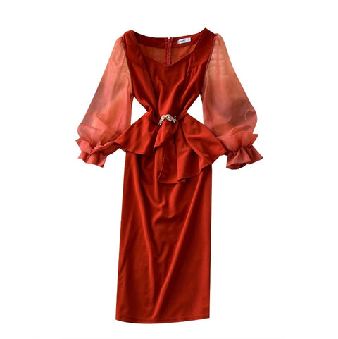 Flared Sleeve Patchwork Red Dress