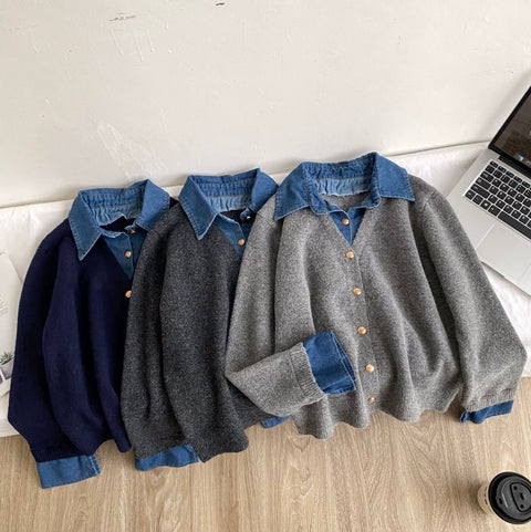 Faux Two-pieces Denim Patchwork Cardigan