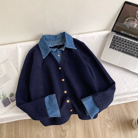 Faux Two-pieces Denim Patchwork Cardigan