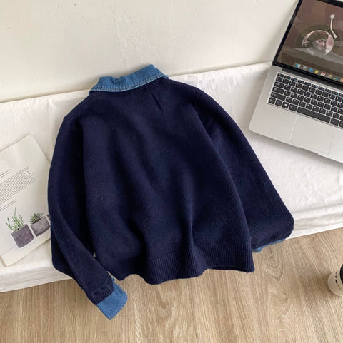 Faux Two-pieces Denim Patchwork Cardigan