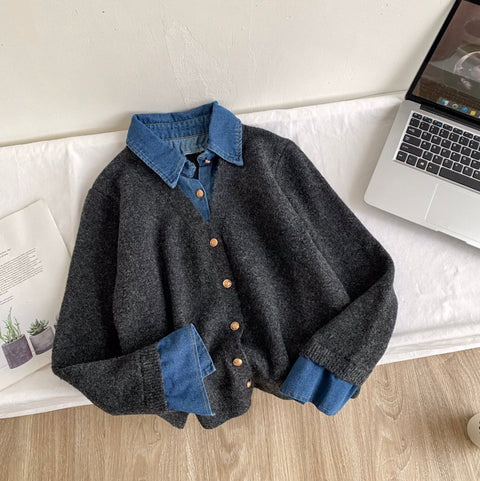 Faux Two-pieces Denim Patchwork Cardigan
