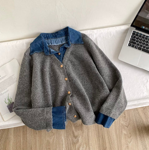 Faux Two-pieces Denim Patchwork Cardigan
